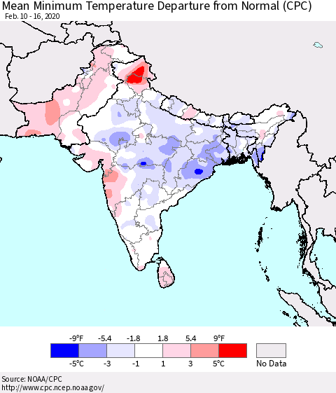 Southern Asia Mean Minimum Temperature Departure from Normal (CPC) Thematic Map For 2/10/2020 - 2/16/2020