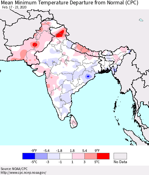 Southern Asia Mean Minimum Temperature Departure from Normal (CPC) Thematic Map For 2/17/2020 - 2/23/2020