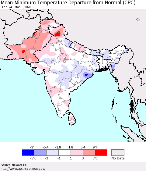 Southern Asia Minimum Temperature Departure From Normal (CPC) Thematic Map For 2/24/2020 - 3/1/2020