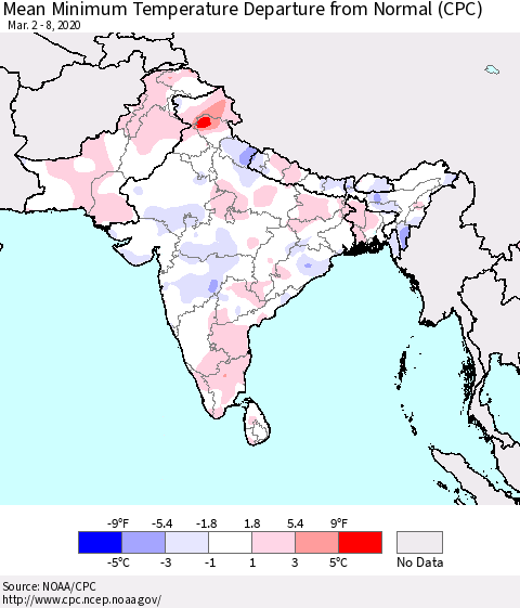 Southern Asia Mean Minimum Temperature Departure from Normal (CPC) Thematic Map For 3/2/2020 - 3/8/2020