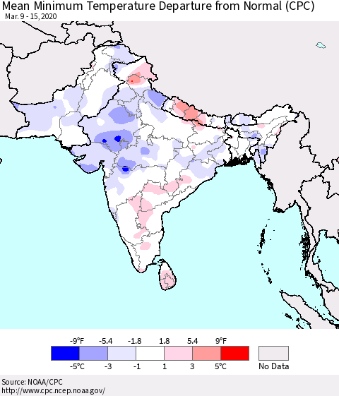 Southern Asia Mean Minimum Temperature Departure from Normal (CPC) Thematic Map For 3/9/2020 - 3/15/2020