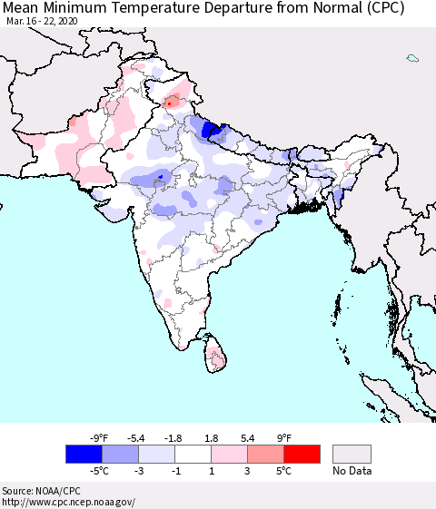 Southern Asia Mean Minimum Temperature Departure from Normal (CPC) Thematic Map For 3/16/2020 - 3/22/2020