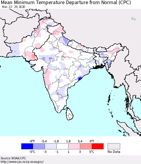 Southern Asia Mean Minimum Temperature Departure from Normal (CPC) Thematic Map For 3/23/2020 - 3/29/2020
