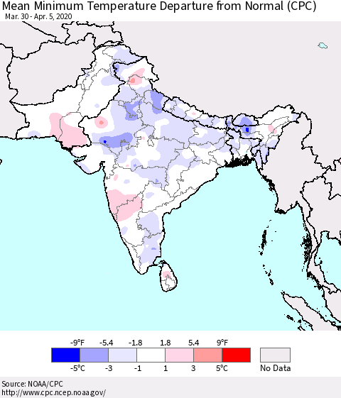 Southern Asia Minimum Temperature Departure From Normal (CPC) Thematic Map For 3/30/2020 - 4/5/2020