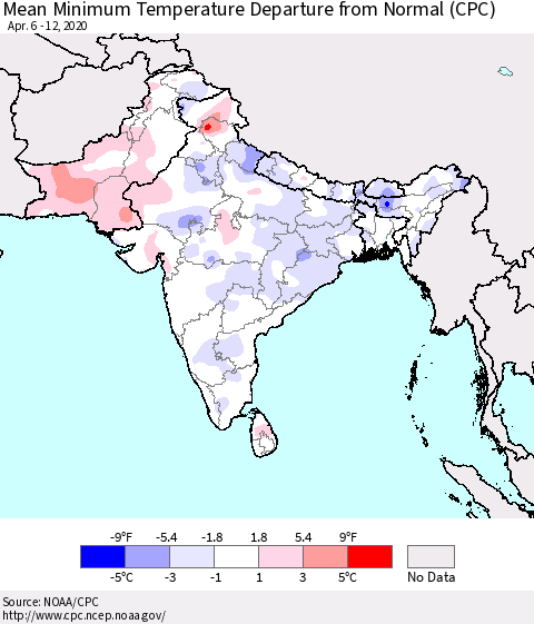 Southern Asia Mean Minimum Temperature Departure from Normal (CPC) Thematic Map For 4/6/2020 - 4/12/2020