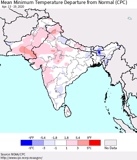 Southern Asia Mean Minimum Temperature Departure from Normal (CPC) Thematic Map For 4/13/2020 - 4/19/2020