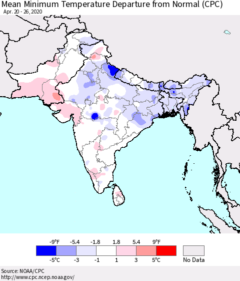 Southern Asia Mean Minimum Temperature Departure from Normal (CPC) Thematic Map For 4/20/2020 - 4/26/2020