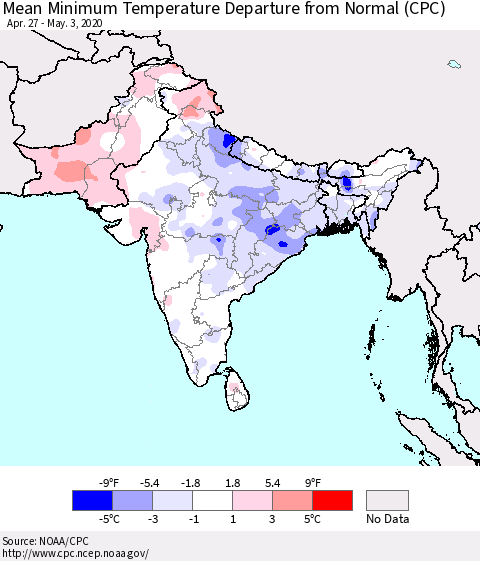Southern Asia Mean Minimum Temperature Departure from Normal (CPC) Thematic Map For 4/27/2020 - 5/3/2020