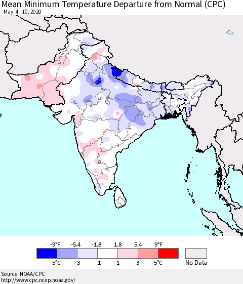 Southern Asia Mean Minimum Temperature Departure from Normal (CPC) Thematic Map For 5/4/2020 - 5/10/2020