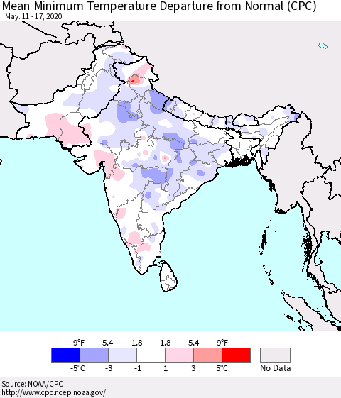 Southern Asia Mean Minimum Temperature Departure from Normal (CPC) Thematic Map For 5/11/2020 - 5/17/2020