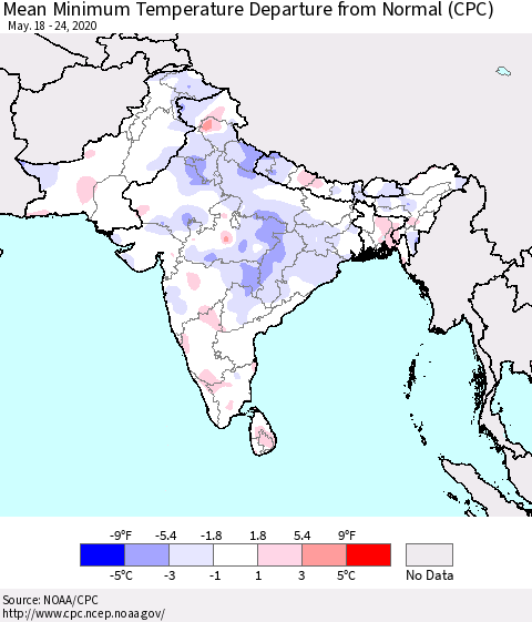 Southern Asia Mean Minimum Temperature Departure from Normal (CPC) Thematic Map For 5/18/2020 - 5/24/2020