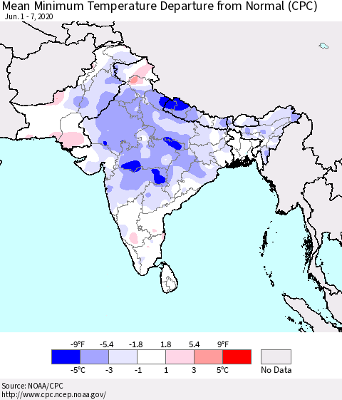 Southern Asia Minimum Temperature Departure From Normal (CPC) Thematic Map For 6/1/2020 - 6/7/2020