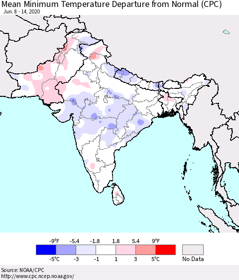 Southern Asia Minimum Temperature Departure From Normal (CPC) Thematic Map For 6/8/2020 - 6/14/2020