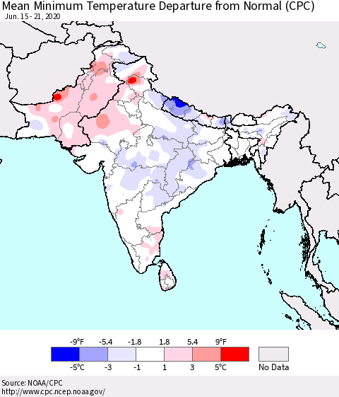 Southern Asia Mean Minimum Temperature Departure from Normal (CPC) Thematic Map For 6/15/2020 - 6/21/2020