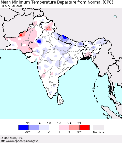 Southern Asia Mean Minimum Temperature Departure from Normal (CPC) Thematic Map For 6/22/2020 - 6/28/2020