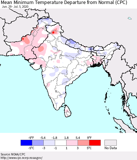 Southern Asia Mean Minimum Temperature Departure from Normal (CPC) Thematic Map For 6/29/2020 - 7/5/2020