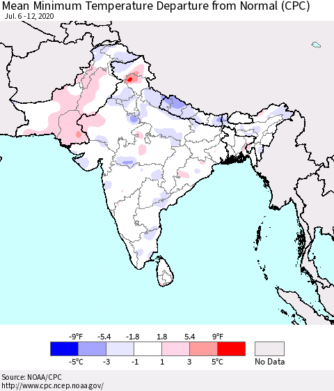Southern Asia Mean Minimum Temperature Departure from Normal (CPC) Thematic Map For 7/6/2020 - 7/12/2020