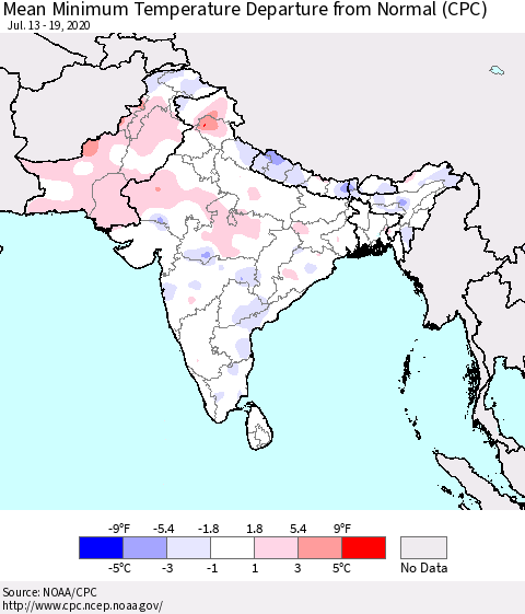 Southern Asia Mean Minimum Temperature Departure from Normal (CPC) Thematic Map For 7/13/2020 - 7/19/2020
