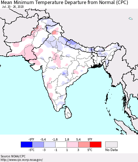 Southern Asia Minimum Temperature Departure From Normal (CPC) Thematic Map For 7/20/2020 - 7/26/2020