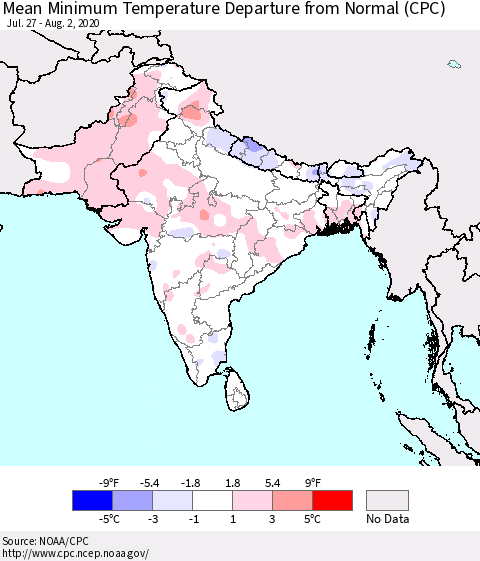 Southern Asia Mean Minimum Temperature Departure from Normal (CPC) Thematic Map For 7/27/2020 - 8/2/2020