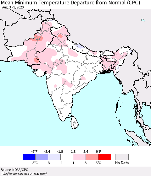 Southern Asia Mean Minimum Temperature Departure from Normal (CPC) Thematic Map For 8/3/2020 - 8/9/2020