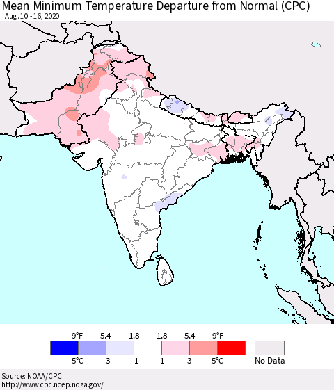Southern Asia Mean Minimum Temperature Departure from Normal (CPC) Thematic Map For 8/10/2020 - 8/16/2020