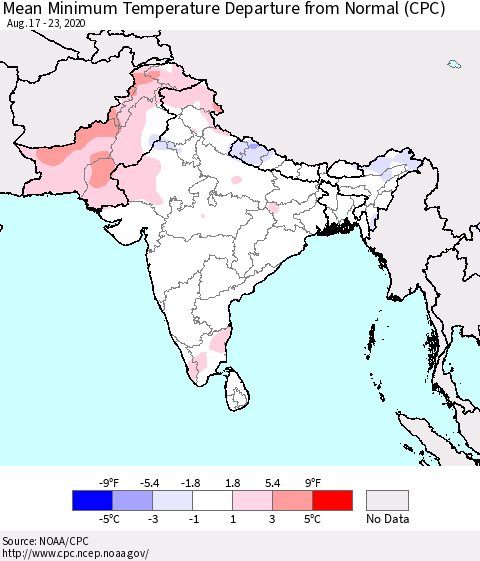 Southern Asia Minimum Temperature Departure From Normal (CPC) Thematic Map For 8/17/2020 - 8/23/2020