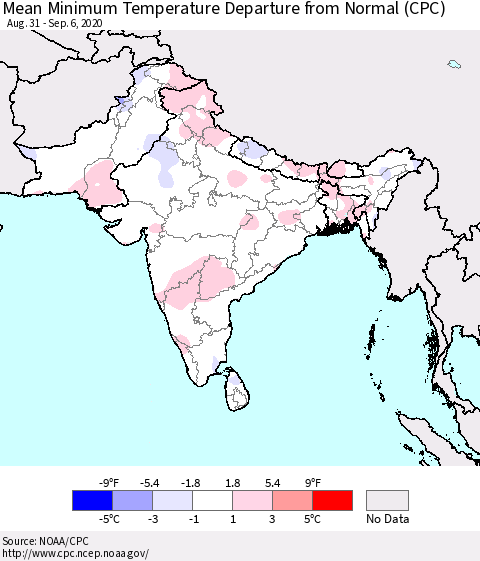 Southern Asia Mean Minimum Temperature Departure from Normal (CPC) Thematic Map For 8/31/2020 - 9/6/2020