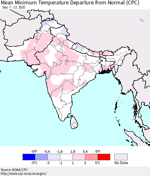 Southern Asia Mean Minimum Temperature Departure from Normal (CPC) Thematic Map For 9/7/2020 - 9/13/2020