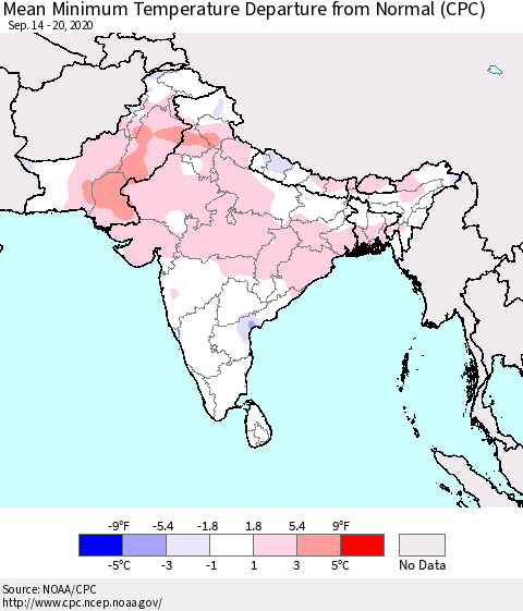 Southern Asia Mean Minimum Temperature Departure from Normal (CPC) Thematic Map For 9/14/2020 - 9/20/2020