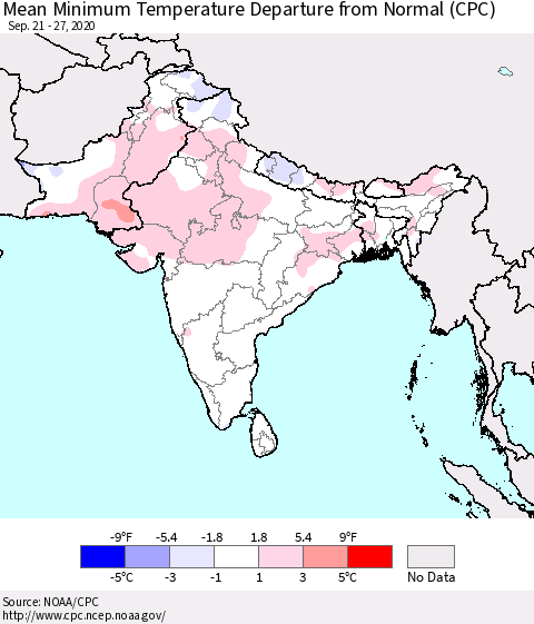 Southern Asia Mean Minimum Temperature Departure from Normal (CPC) Thematic Map For 9/21/2020 - 9/27/2020