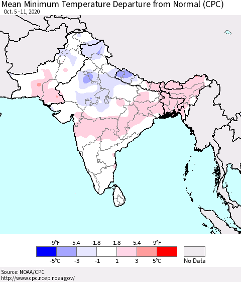 Southern Asia Mean Minimum Temperature Departure from Normal (CPC) Thematic Map For 10/5/2020 - 10/11/2020