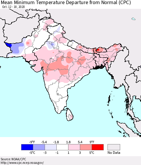 Southern Asia Mean Minimum Temperature Departure from Normal (CPC) Thematic Map For 10/12/2020 - 10/18/2020