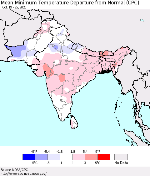 Southern Asia Mean Minimum Temperature Departure from Normal (CPC) Thematic Map For 10/19/2020 - 10/25/2020