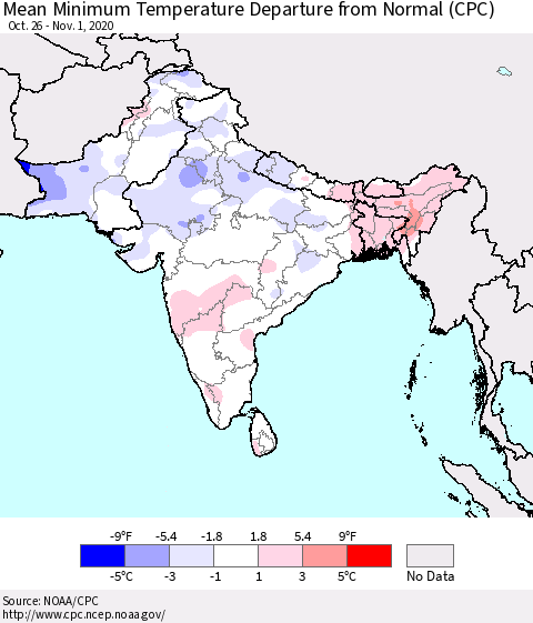 Southern Asia Mean Minimum Temperature Departure from Normal (CPC) Thematic Map For 10/26/2020 - 11/1/2020