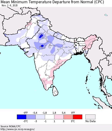 Southern Asia Minimum Temperature Departure From Normal (CPC) Thematic Map For 11/2/2020 - 11/8/2020