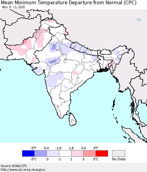 Southern Asia Mean Minimum Temperature Departure from Normal (CPC) Thematic Map For 11/9/2020 - 11/15/2020