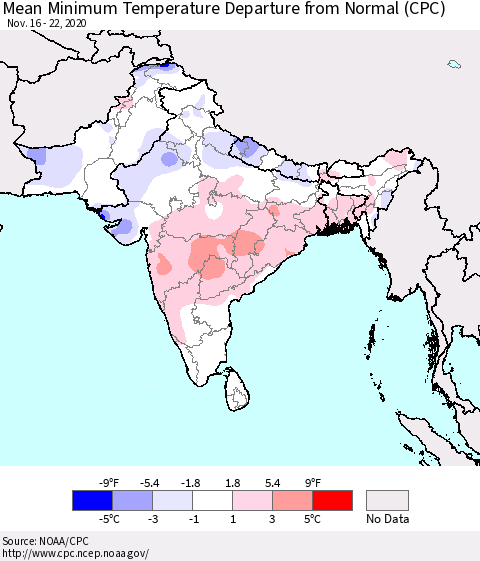 Southern Asia Minimum Temperature Departure From Normal (CPC) Thematic Map For 11/16/2020 - 11/22/2020