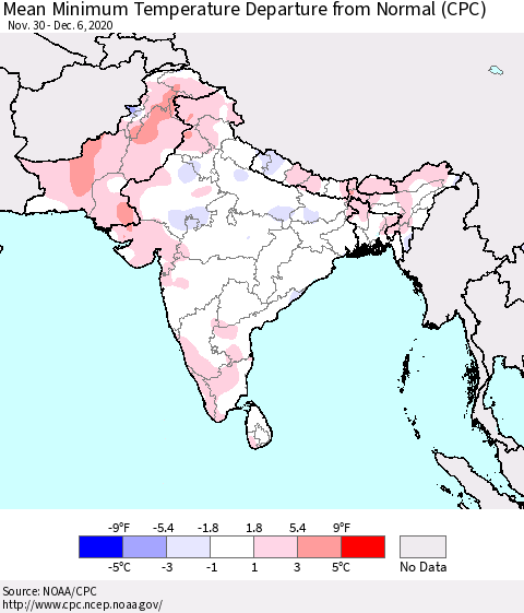 Southern Asia Mean Minimum Temperature Departure from Normal (CPC) Thematic Map For 11/30/2020 - 12/6/2020