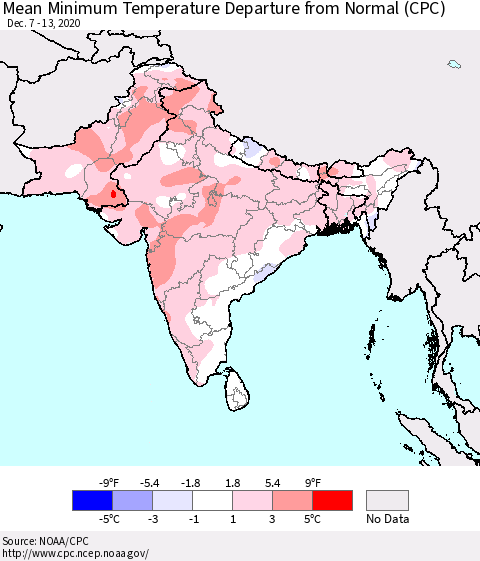 Southern Asia Minimum Temperature Departure From Normal (CPC) Thematic Map For 12/7/2020 - 12/13/2020