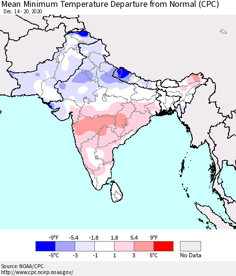 Southern Asia Minimum Temperature Departure From Normal (CPC) Thematic Map For 12/14/2020 - 12/20/2020