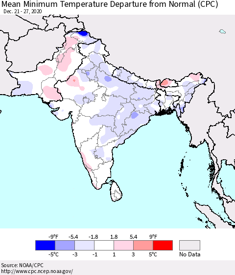 Southern Asia Mean Minimum Temperature Departure from Normal (CPC) Thematic Map For 12/21/2020 - 12/27/2020