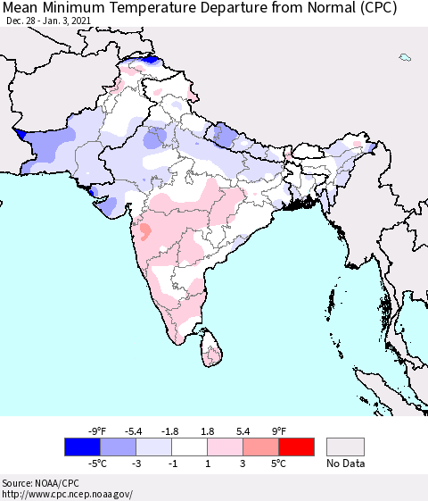 Southern Asia Minimum Temperature Departure From Normal (CPC) Thematic Map For 12/28/2020 - 1/3/2021
