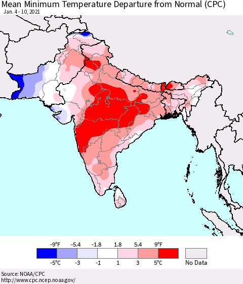 Southern Asia Minimum Temperature Departure From Normal (CPC) Thematic Map For 1/4/2021 - 1/10/2021