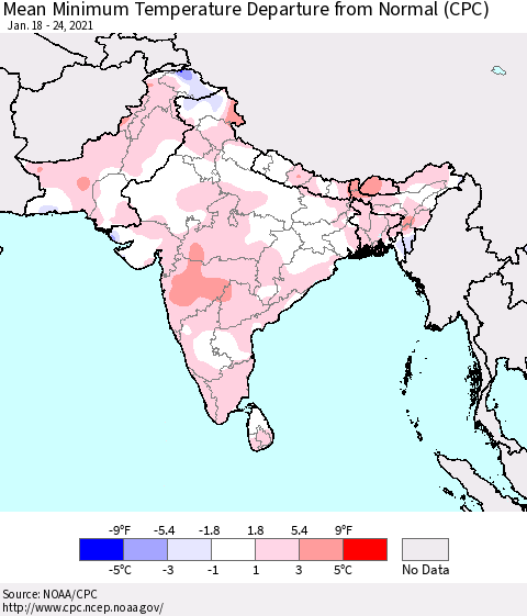 Southern Asia Minimum Temperature Departure From Normal (CPC) Thematic Map For 1/18/2021 - 1/24/2021