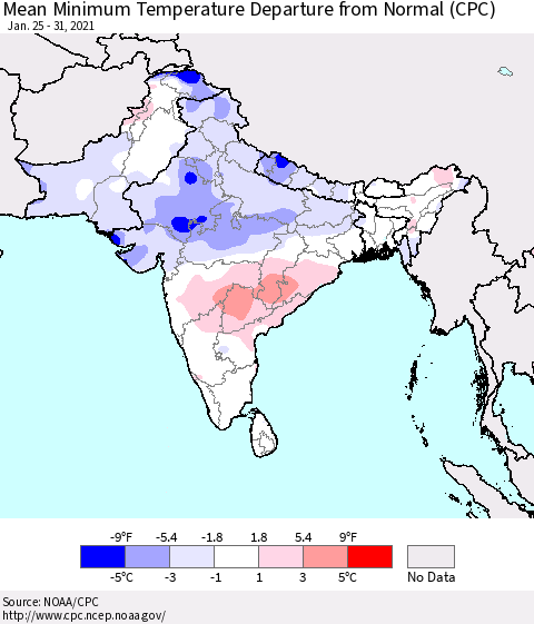 Southern Asia Mean Minimum Temperature Departure from Normal (CPC) Thematic Map For 1/25/2021 - 1/31/2021
