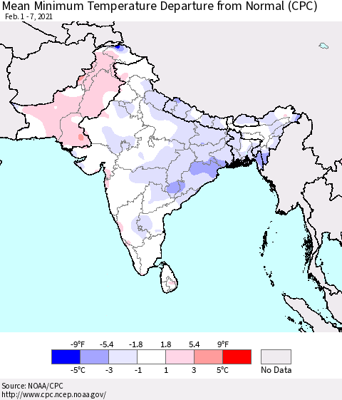 Southern Asia Mean Minimum Temperature Departure from Normal (CPC) Thematic Map For 2/1/2021 - 2/7/2021