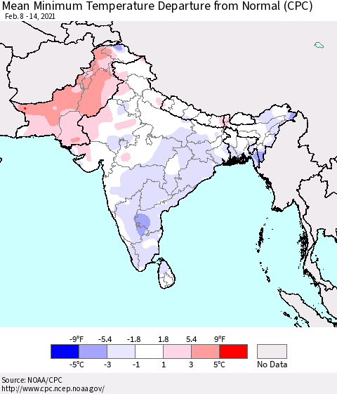 Southern Asia Mean Minimum Temperature Departure from Normal (CPC) Thematic Map For 2/8/2021 - 2/14/2021