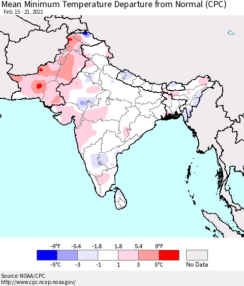 Southern Asia Mean Minimum Temperature Departure from Normal (CPC) Thematic Map For 2/15/2021 - 2/21/2021