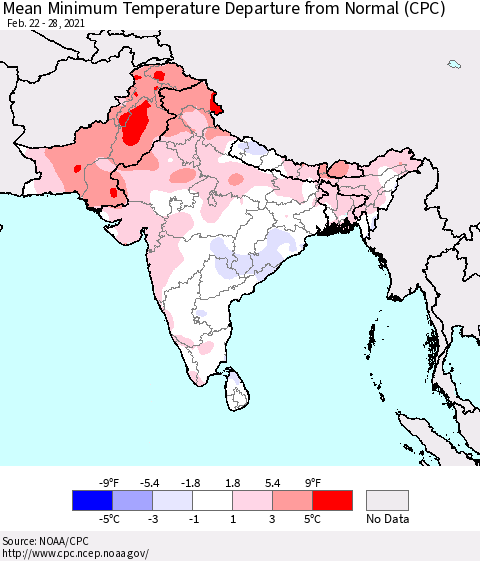 Southern Asia Minimum Temperature Departure From Normal (CPC) Thematic Map For 2/22/2021 - 2/28/2021
